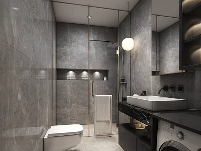 Modern Luxury Bathroom Interior With Grey Marble Finishes And Elegant Gold Framed Glass Shower Partition 3d model