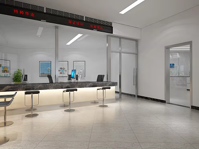 Modern Service Hall Interior With Service Counter Computers Stools And Bright Lighting 3d model