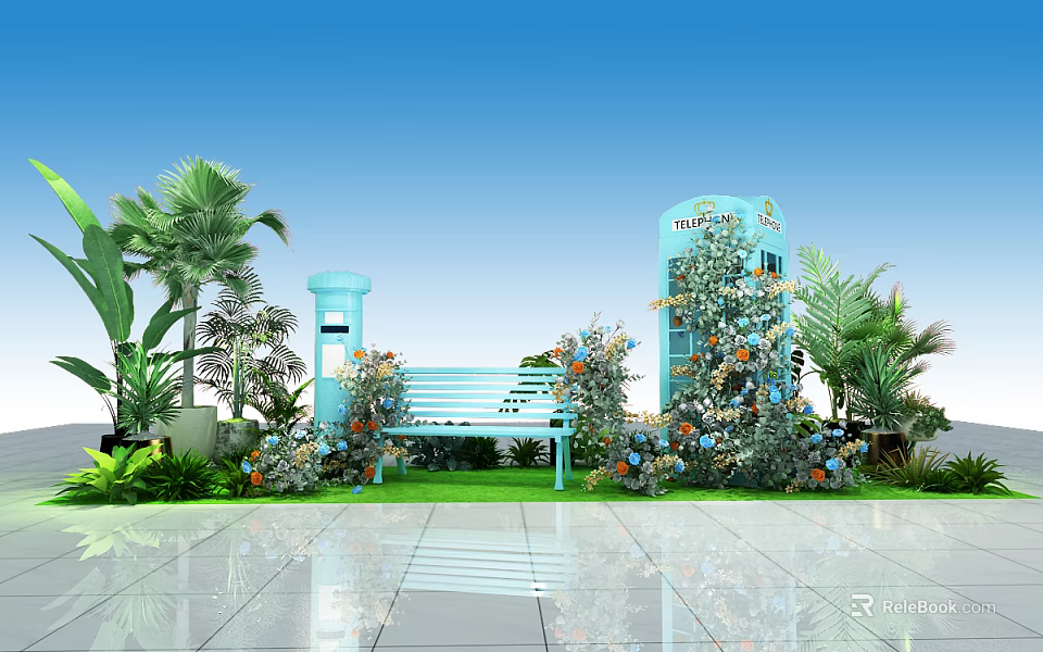 Outdoor Decorative Scene With Blue Bench Mailbox Lush Green Plants And Colorful Flowers 3d model 