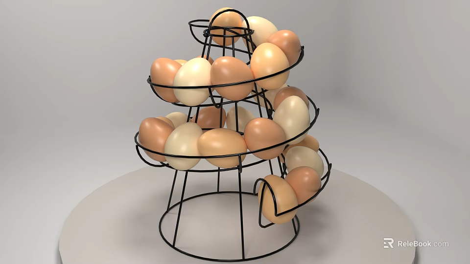 Brown and White Eggs Arranged in Multi Tiered Black Metal Rack 3d model 