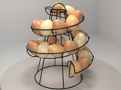Brown and White Eggs Arranged in Multi Tiered Black Metal Rack 3d model