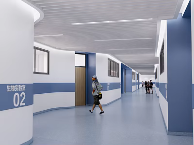 Modern Hospital Elevator Aisle With Blue White Walls And Signage 3d model