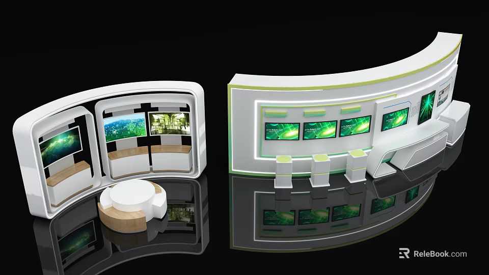 Modern Photo Spot With Curved Exhibition Booth Multiple Screens And Reflective Floor 3d model 