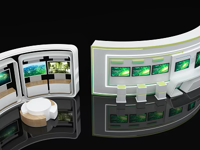 Modern Photo Spot With Curved Exhibition Booth Multiple Screens And Reflective Floor 3d model