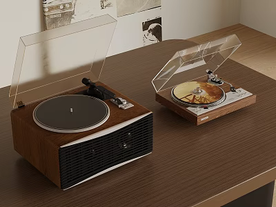 Two Vintage Turntables With Transparent Covers On Wooden Table Surface 3d model