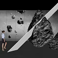 Large Contemporary Stone Sculpture In Art Gallery With White Light Beam And Broken Fragments