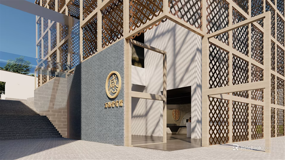 Modern Museum Building Exterior With Wooden Lattice Gray Brick Wall And Circular Emblem 3d model 