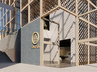 Modern Museum Building Exterior With Wooden Lattice Gray Brick Wall And Circular Emblem 3d model