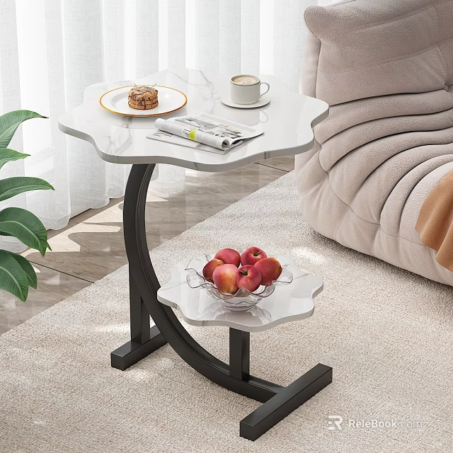 Modern White Side Table With Black Metal Frame Coffee Magazine And Apples On Shelf 3d model 