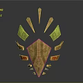 Golden Shield Shaped Weapon With Green Orange Accents And Intricate Metallic Texture Design