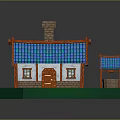Charming Village Cottage With Blue Tiled Roof White Walls Brick Chimney And Covered Well