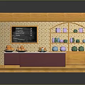 Small Kitchen Interior With Orange Counter Blackboard Menu Colorful Bowls Shelves And Blue Tiled Floor