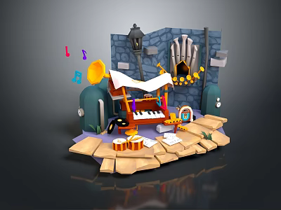 Vibrant Cartoon Scene With Stone Wall Lantern Piano Horn Colorful Letters And Gold Coins 3d model