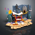 Vibrant Cartoon Scene With Stone Wall Lantern Piano Horn Colorful Letters And Gold Coins