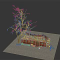 Small Tree With Green Leaves Next To Thatched Roof Cottage Model On Gray Gravel Ground
