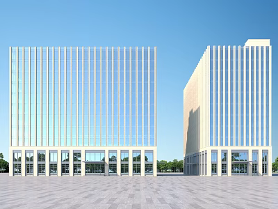 Two Modern Office Buildings With Glass Curtain Walls And White Facades Under Blue Sky 3d model