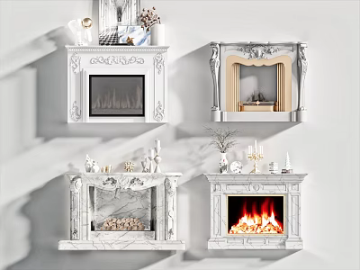 Classic White Marble Fireplace Designs With Ornate Carvings Flames And Decorative Vases 3d model