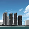 Modern High Rise Buildings Waterfront Marina View With Luxury Yachts And Blue Sky