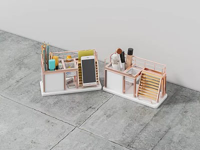 Desktop Organizer Models With Colorful Stationery Yellow Folder Blackboard And Wooden Racks 3d model