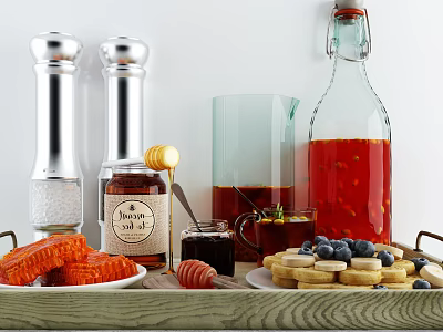 Refreshing Beverages With Snacks And Honey Displayed 3d model
