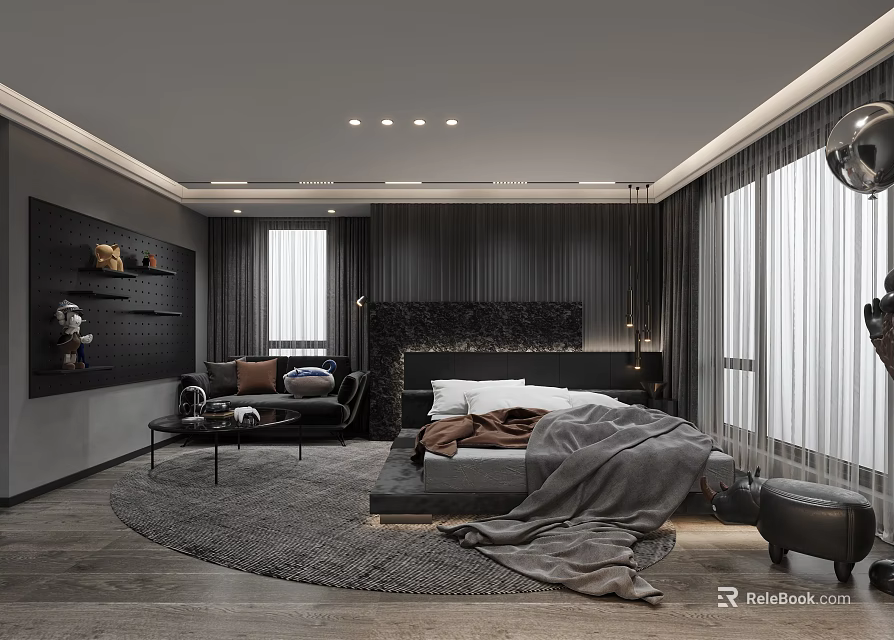 Modern Gray Bedroom Interior With Large Bed Round Rug Sofa Textured Headboard And Ceiling Lighting 3d model 