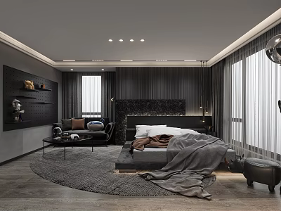 Modern Gray Bedroom Interior With Large Bed Round Rug Sofa Textured Headboard And Ceiling Lighting 3d model