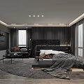Modern Gray Bedroom Interior With Large Bed Round Rug Sofa Textured Headboard And Ceiling Lighting