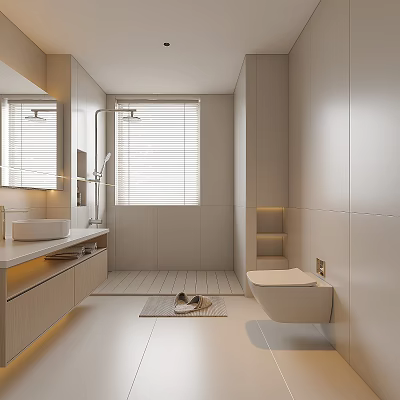 Modern Bathroom Interior Design With Light Toned Vanity Mirror Wall Mounted Toilet And Window Blinds 3d model