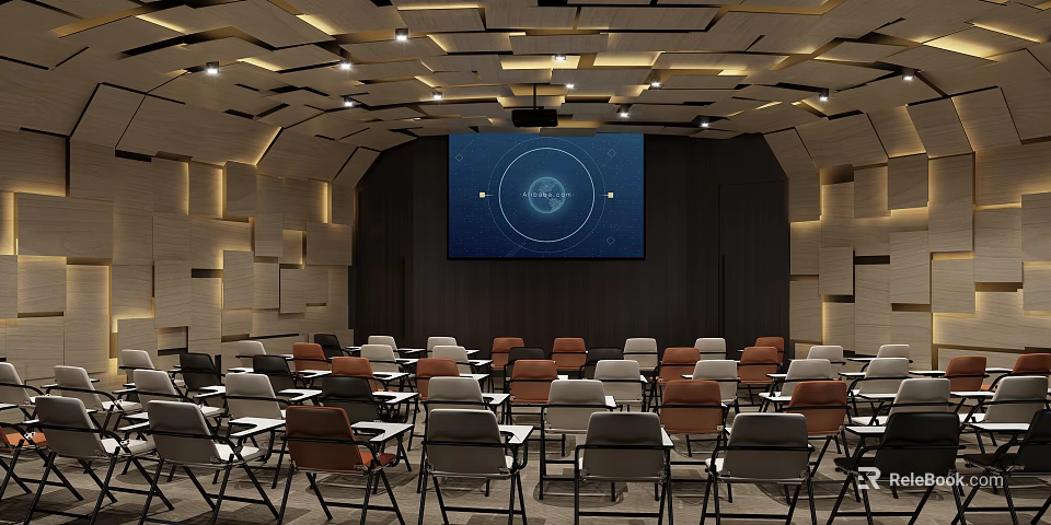 Conference Room Interior With Large Screen Arranged Chairs Tables And Modern Ceiling Lighting 3d model 
