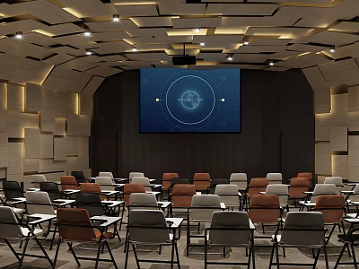 Conference Room Interior With Large Screen Arranged Chairs Tables And Modern Ceiling Lighting 3d model