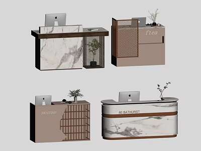 Various Modern Reception Desk Designs With Marble Wooden Surfaces Computer Monitor And Plants 3d model