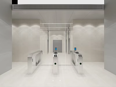 Sleek Modern Reception Area With Glass Door Silver Turnstiles And Digital Screens 3d model