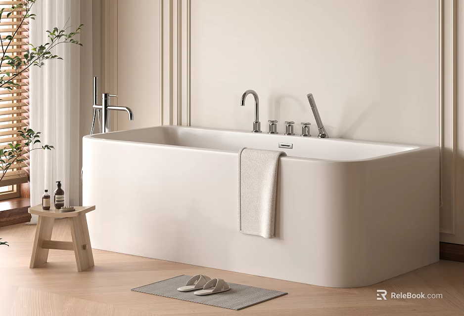 White Free Standing Bathtub with Wooden Stool Towel Mat Slippers and Plant 3d model 