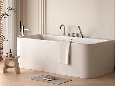White Free Standing Bathtub with Wooden Stool Towel Mat Slippers and Plant 3d model