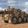 Armored Wheeled Military Tank With Camouflage Paint And Turret Cannon In Desert
