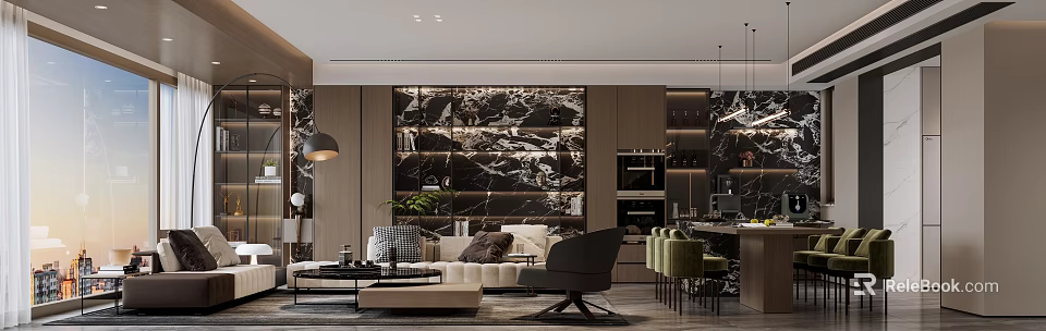 Modern Living Dining Room Interior With Sofa Coffee Table Dining Chairs And Marble Wall 3d model 