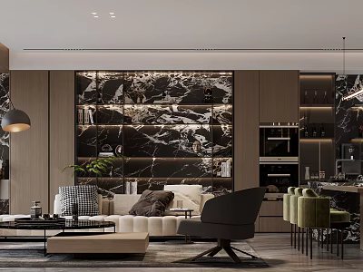Modern Living Dining Room Interior With Sofa Coffee Table Dining Chairs And Marble Wall 3d model