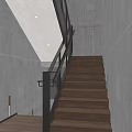 Modern Interior Staircase With Wooden Steps Illuminated Black Railings And Gray Walls