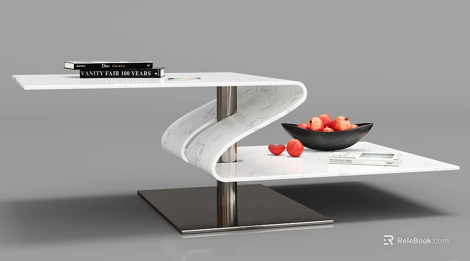 White Marble Spiral Coffee Table With Stainless Steel Stand And Fruit Bowl Books 3d model 