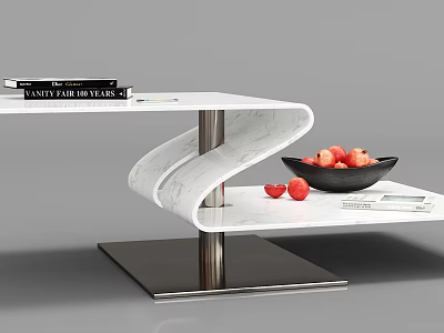 White Marble Spiral Coffee Table With Stainless Steel Stand And Fruit Bowl Books 3d model