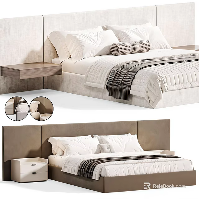 Double Bed with Light and Dark Headboards Pillows Blanket and Bedside Table 3d model