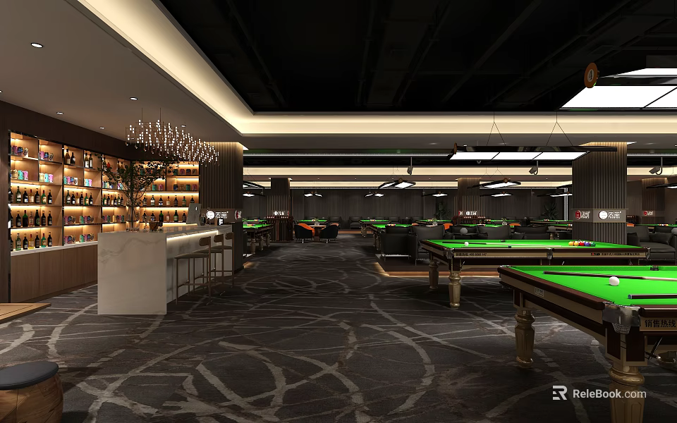 Modern Internet Cafe With Pool Tables Bar Counter And Spacious Interior 3d model 