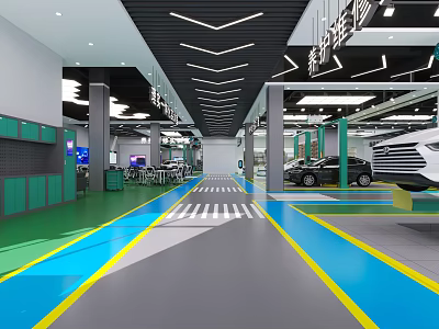 Modern Auto Showroom Interior With Green And Blue Floor Lines And Display Cars 3d model