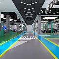Modern Auto Showroom Interior With Green And Blue Floor Lines And Display Cars