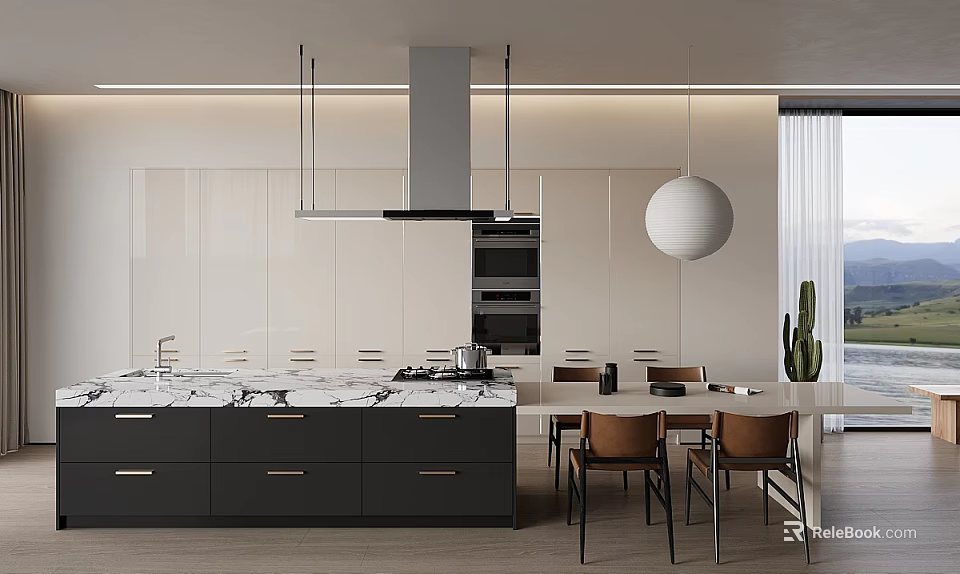 Modern Kitchen Interior With White Cabinets Marble Island And Pendant Light 3d model 