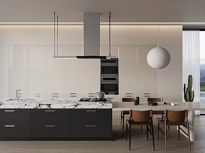Modern Kitchen Interior With White Cabinets Marble Island And Pendant Light 3d model