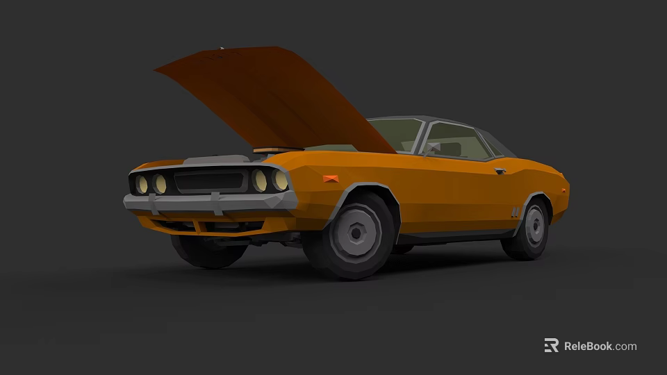 Orange Vintage Muscle Car With Open Hood And Classic Design Details 3d model 