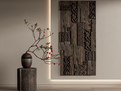 Wooden Wall Decor with Intricate Carved Patterns and Tree Stump Base Vase with Red Berry Branch 3d model