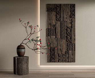 Quiet Wall Ornaments Wood Carving Wall Ornaments Old Wooden Stake Pomegranate 3d model