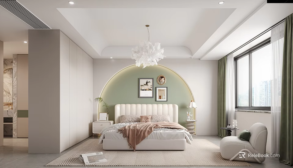 Modern Bedroom Interior Design Featuring White Headboard Light Green Accent Wall Arched Design And Chandelier 3d model 